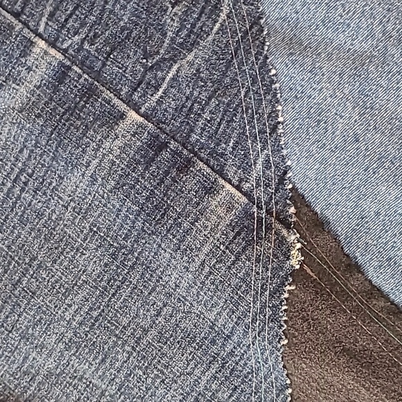 UPCYCLED Blue Black Patchwork Distressed Denim Skirt Wmns 13/14 Waist 32 Boho - Picture 16 of 16